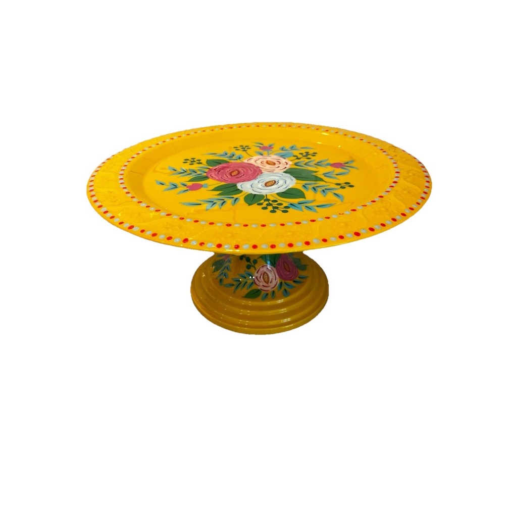 NEW Sunset & Co Yellow Hand‎ painted Floral Cake Stand 13.5", Party, Bright,